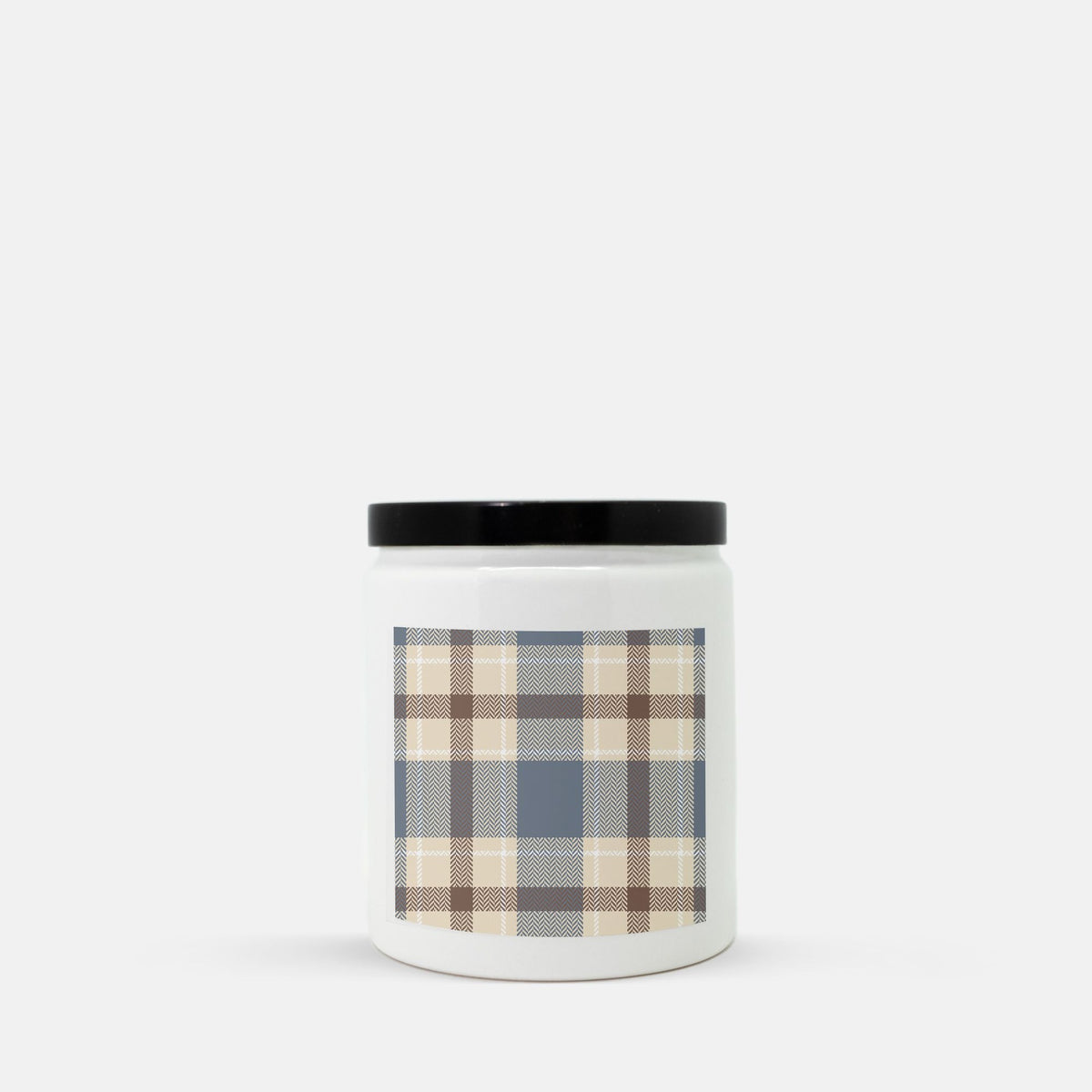 Lifestyle Details - Blue & Brown Plaid Ceramic Candle w Black Lid - Vanilla Bean