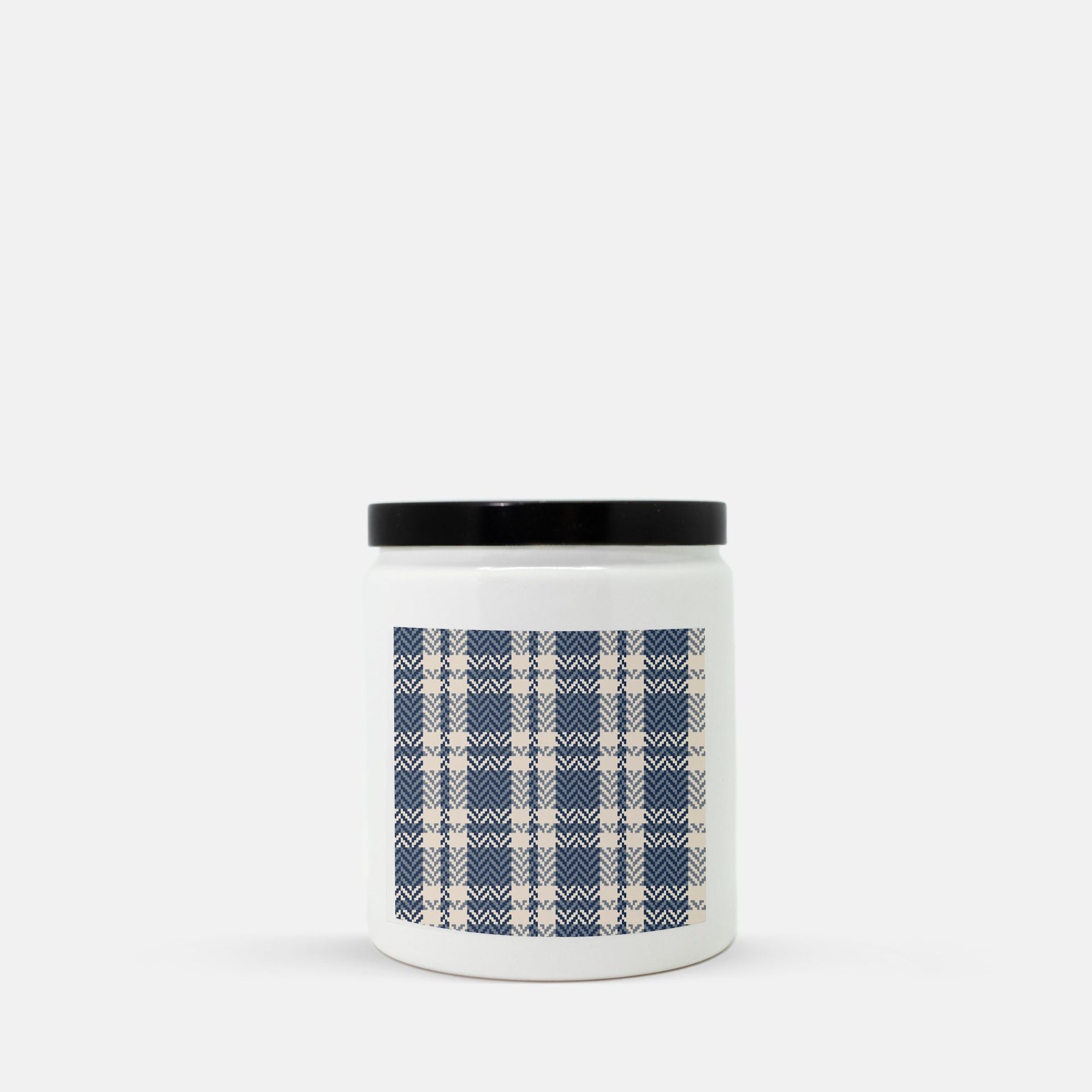 Lifestyle Details - Blue & Cream Plaid Ceramic Candle w Black Lid - Macintosh