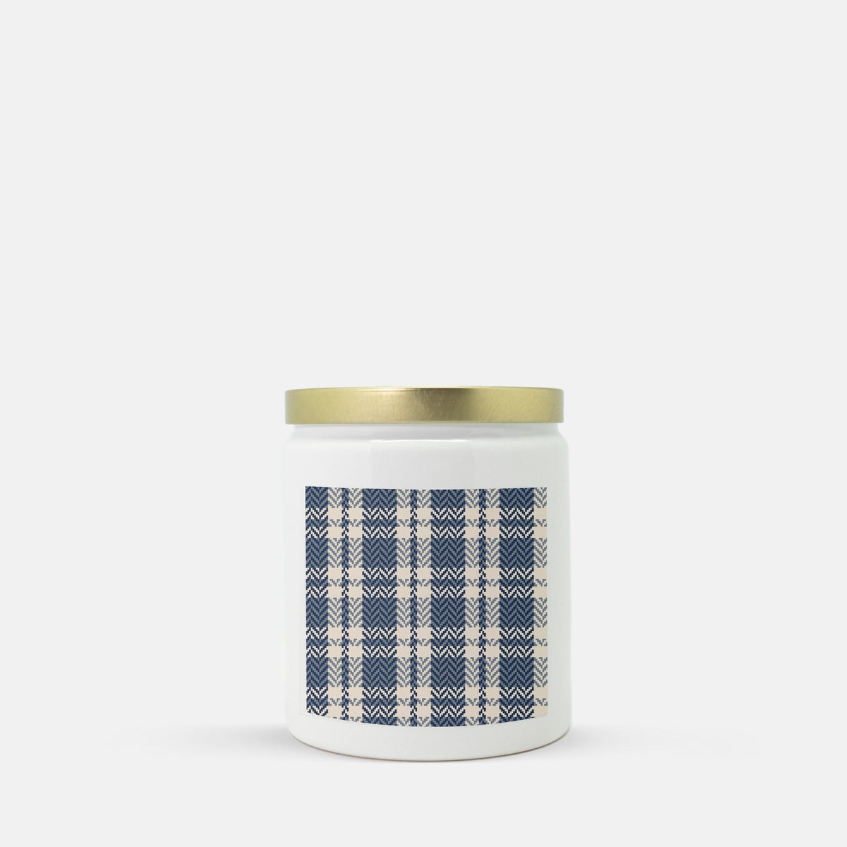 Lifestyle Details - Blue & Cream Plaid Ceramic Candle w Gold Lid - Vanilla Bean
