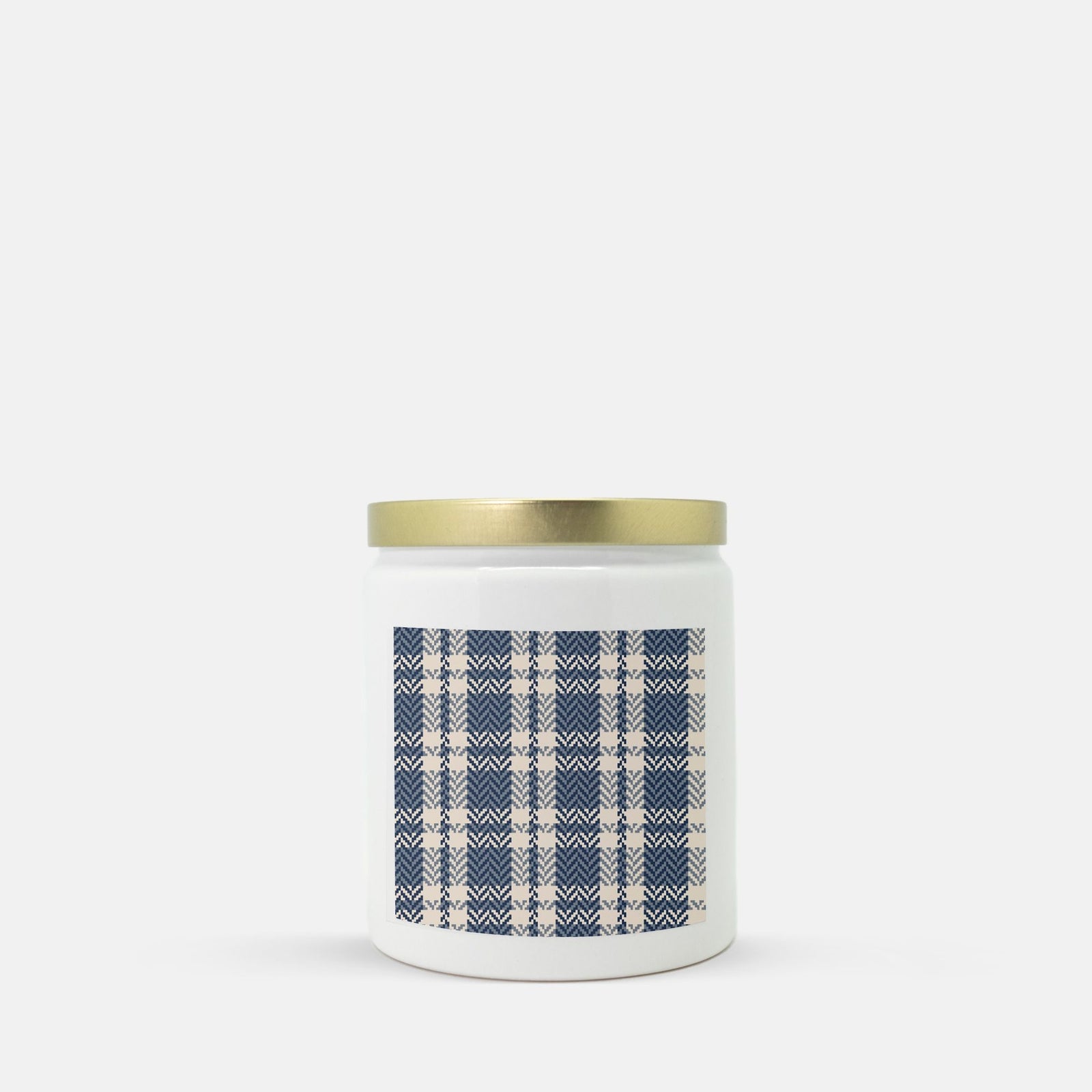 Lifestyle Details - Blue & Cream Plaid Ceramic Candle w Gold Lid - Vanilla Bean