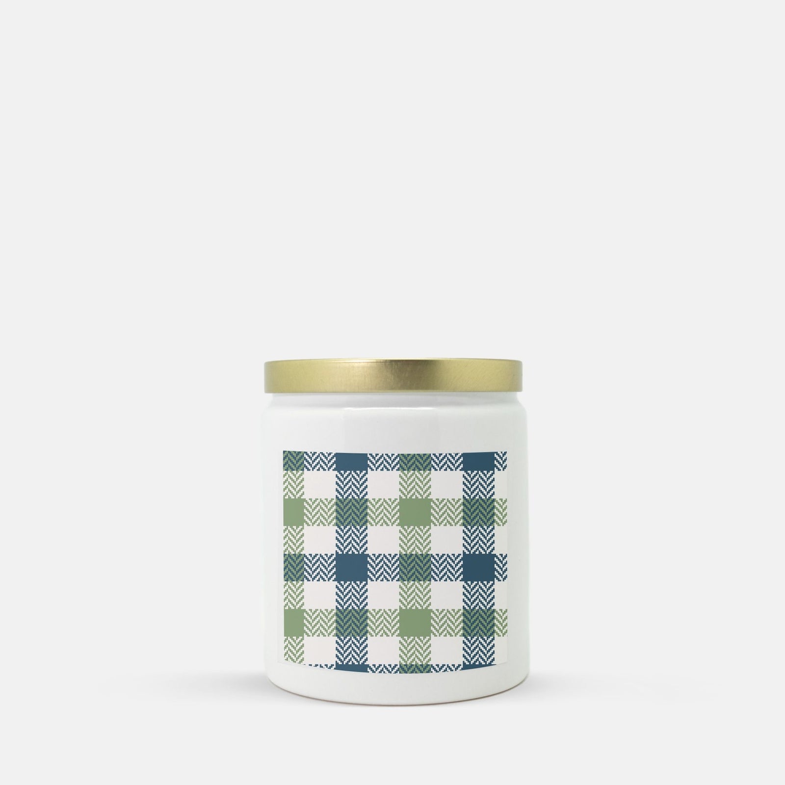Lifestyle Details - Blue & Green Plaid Ceramic Candle - Gold Lid - Macintosh