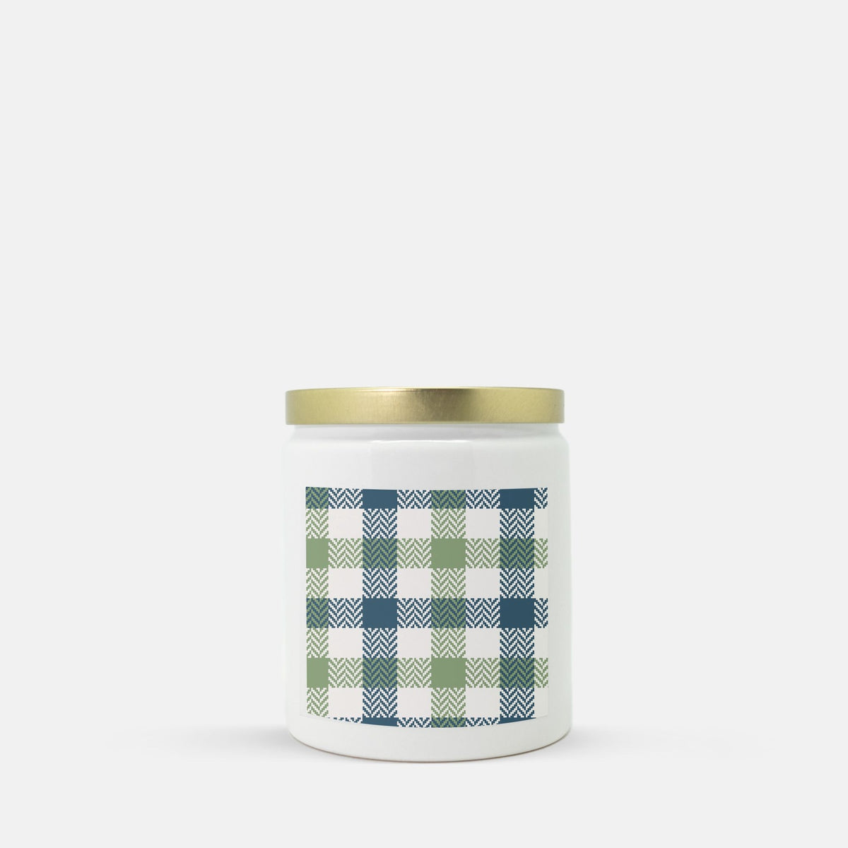 Lifestyle Details - Blue & Green Plaid Ceramic Candle - Gold Lid - Vanilla Bean