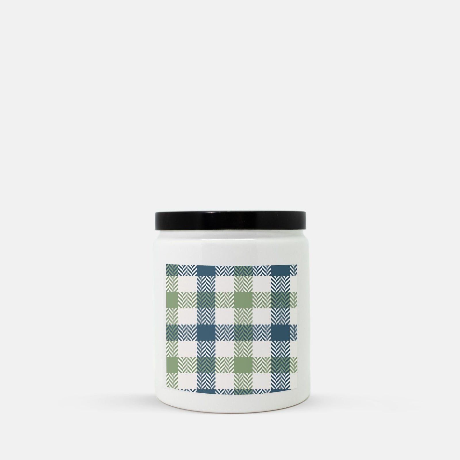 Lifestyle Details - Blue & Green Plaid Ceramic Candle w Black Lid - Vanilla Bean