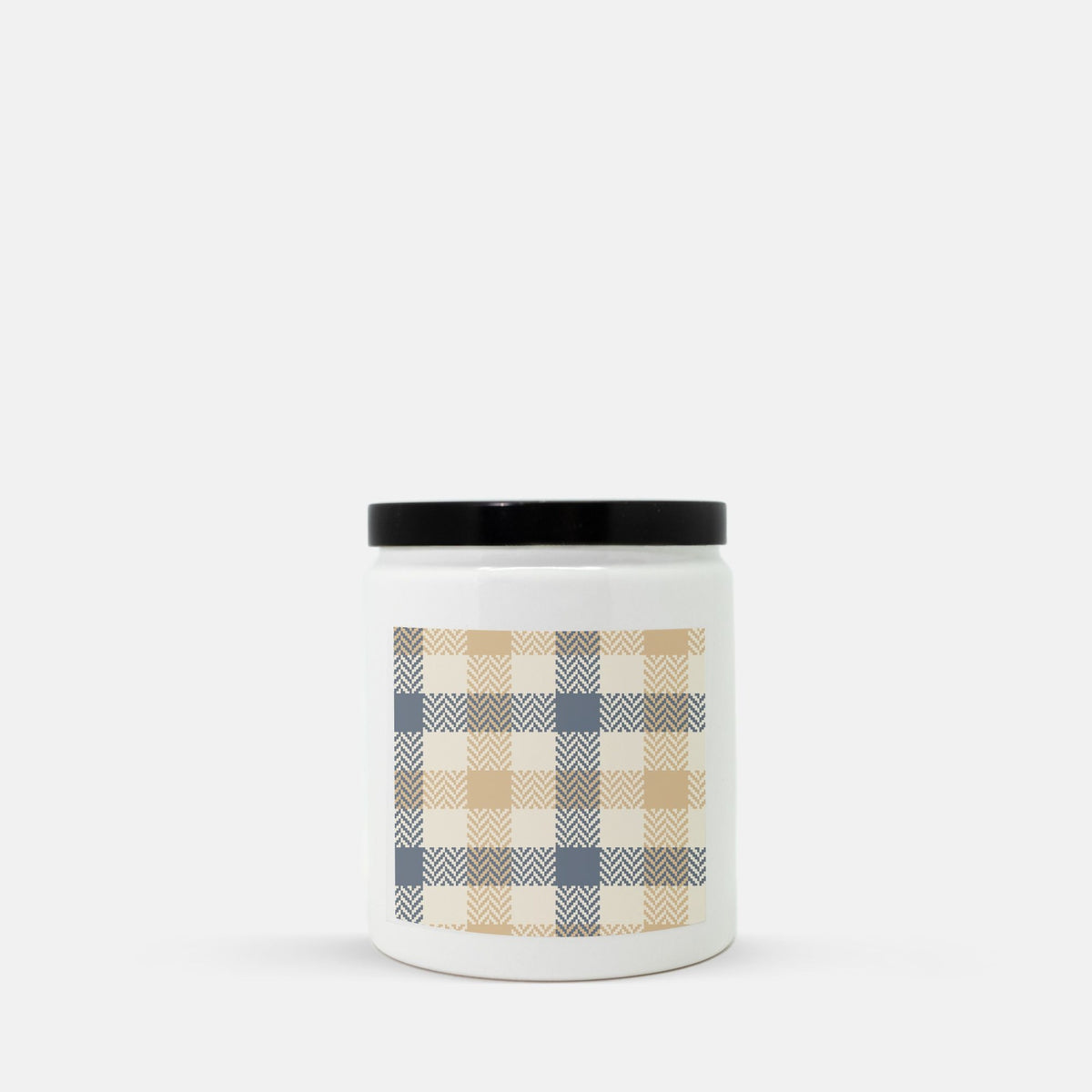 Lifestyle Details - Blue & Natural Plaid Ceramic Candle w Black Lid - Vanilla Bean