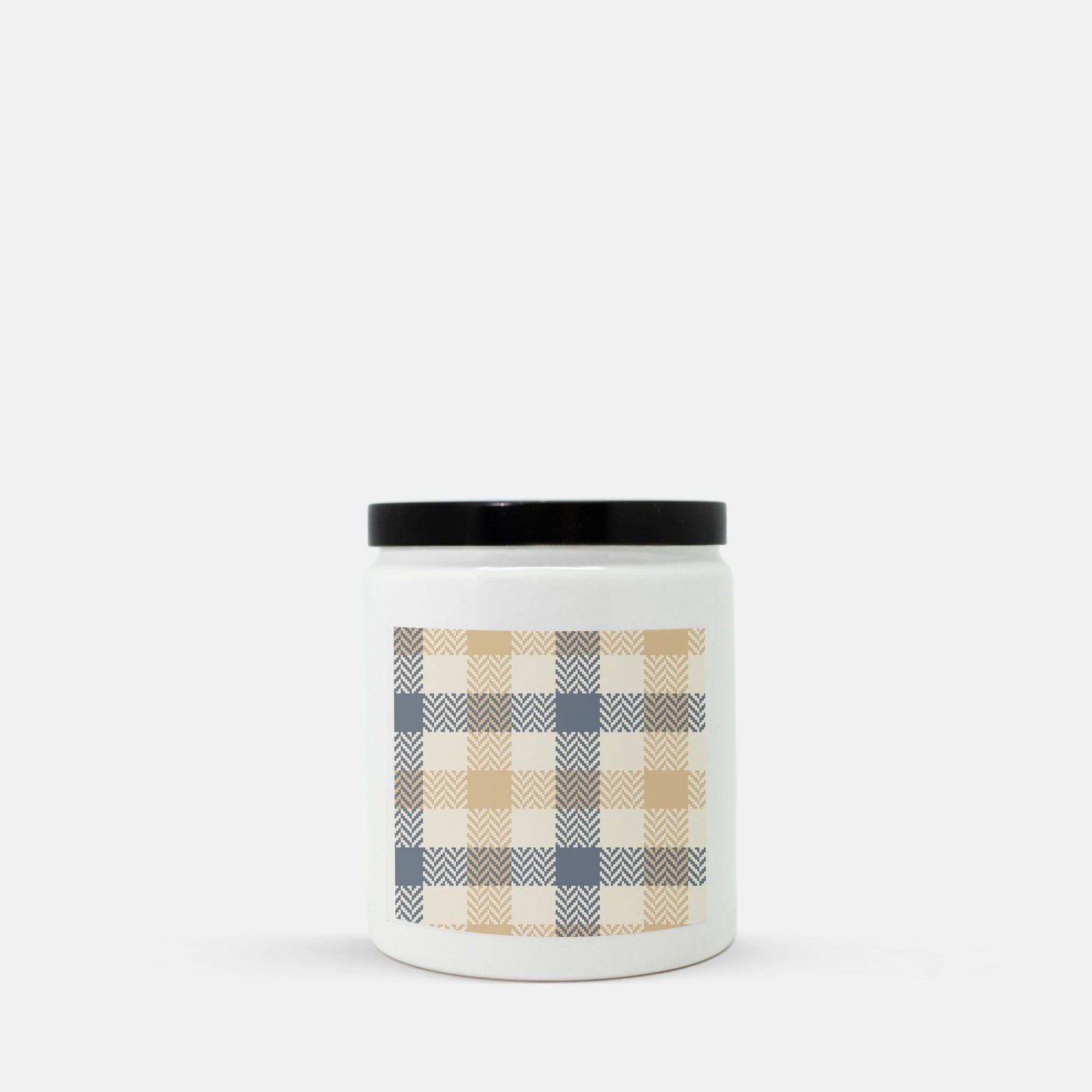 Lifestyle Details - Blue & Natural Plaid Ceramic Candle w Black Lid - Vanilla Bean