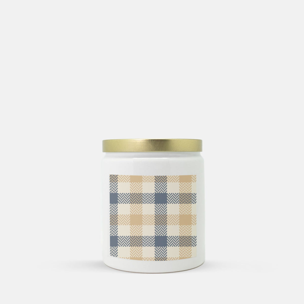 Lifestyle Details - Blue & Natural Plaid Ceramic Candle w Gold Lid - Vanilla Bean