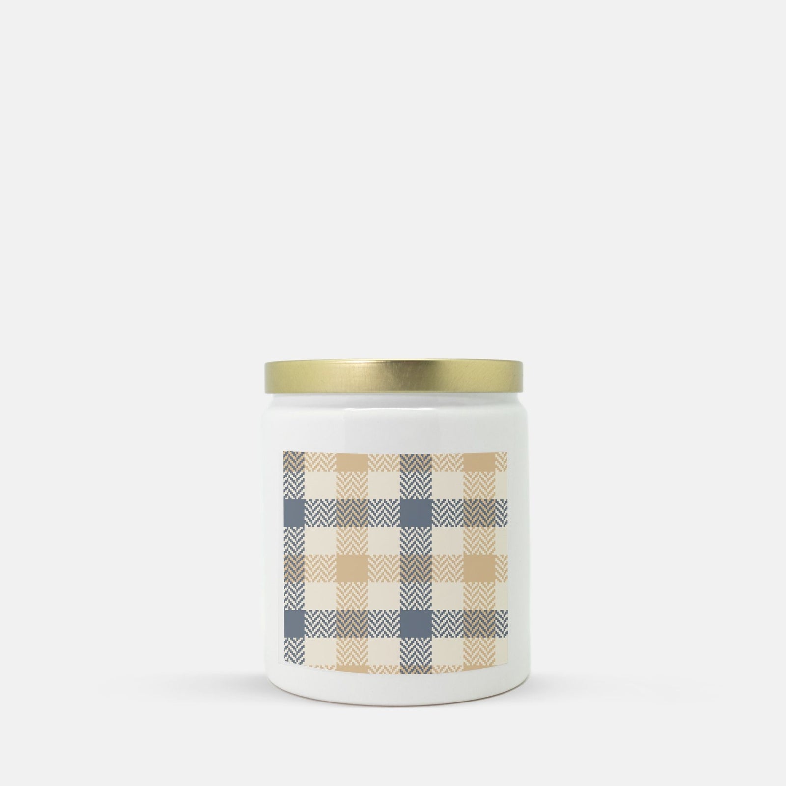 Lifestyle Details - Blue & Natural Plaid Ceramic Candle w Gold Lid - Vanilla Bean