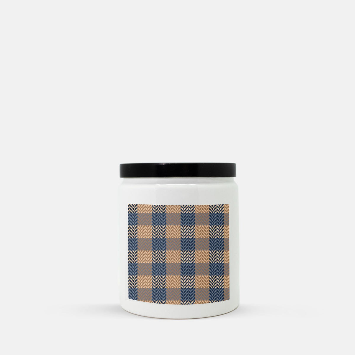 Lifestyle Details - Blue & Rust Plaid Ceramic Candle w Black Lid - Macintosh
