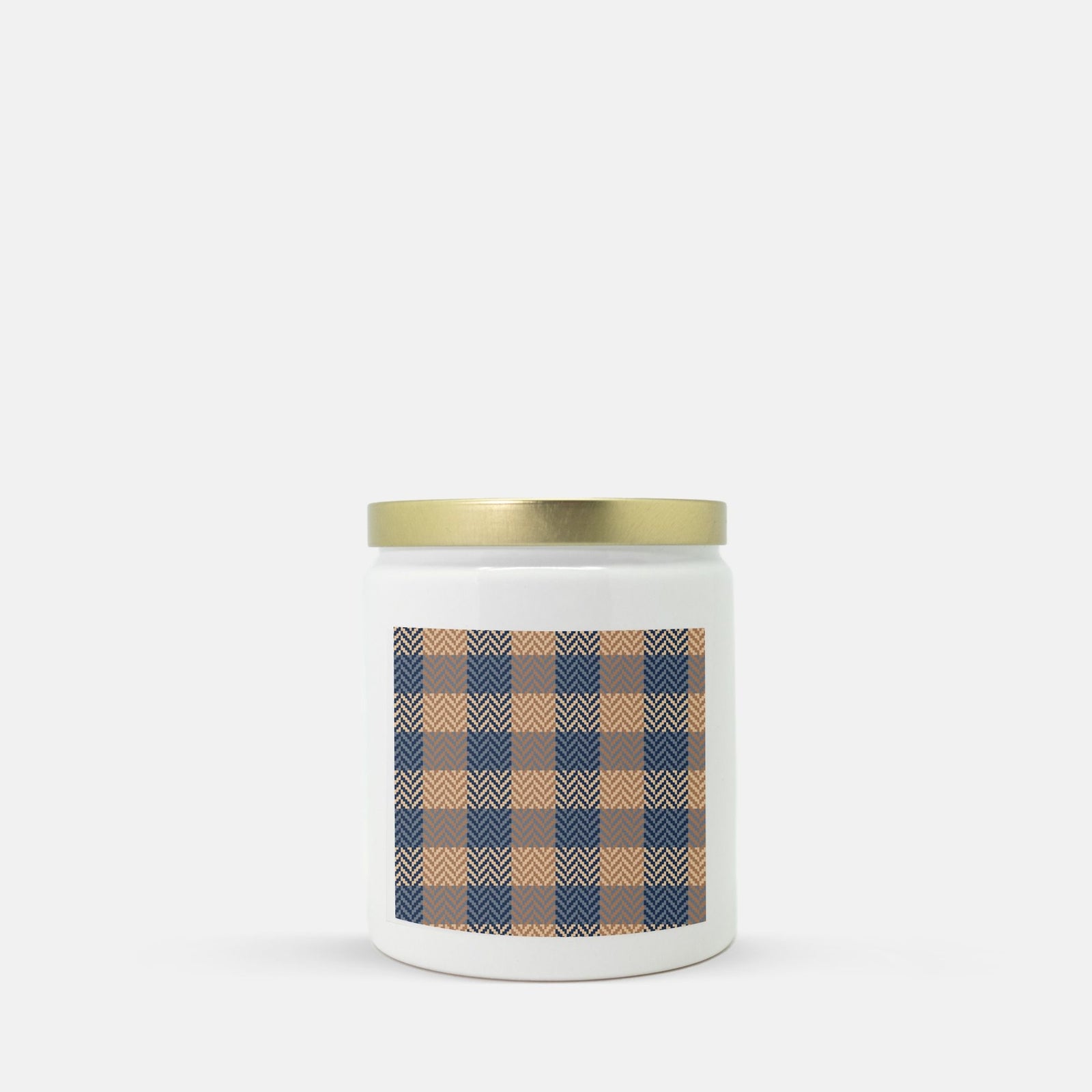 Lifestyle Details - Blue & Rust Plaid Ceramic Candle w Gold Lid - Vanilla Bean