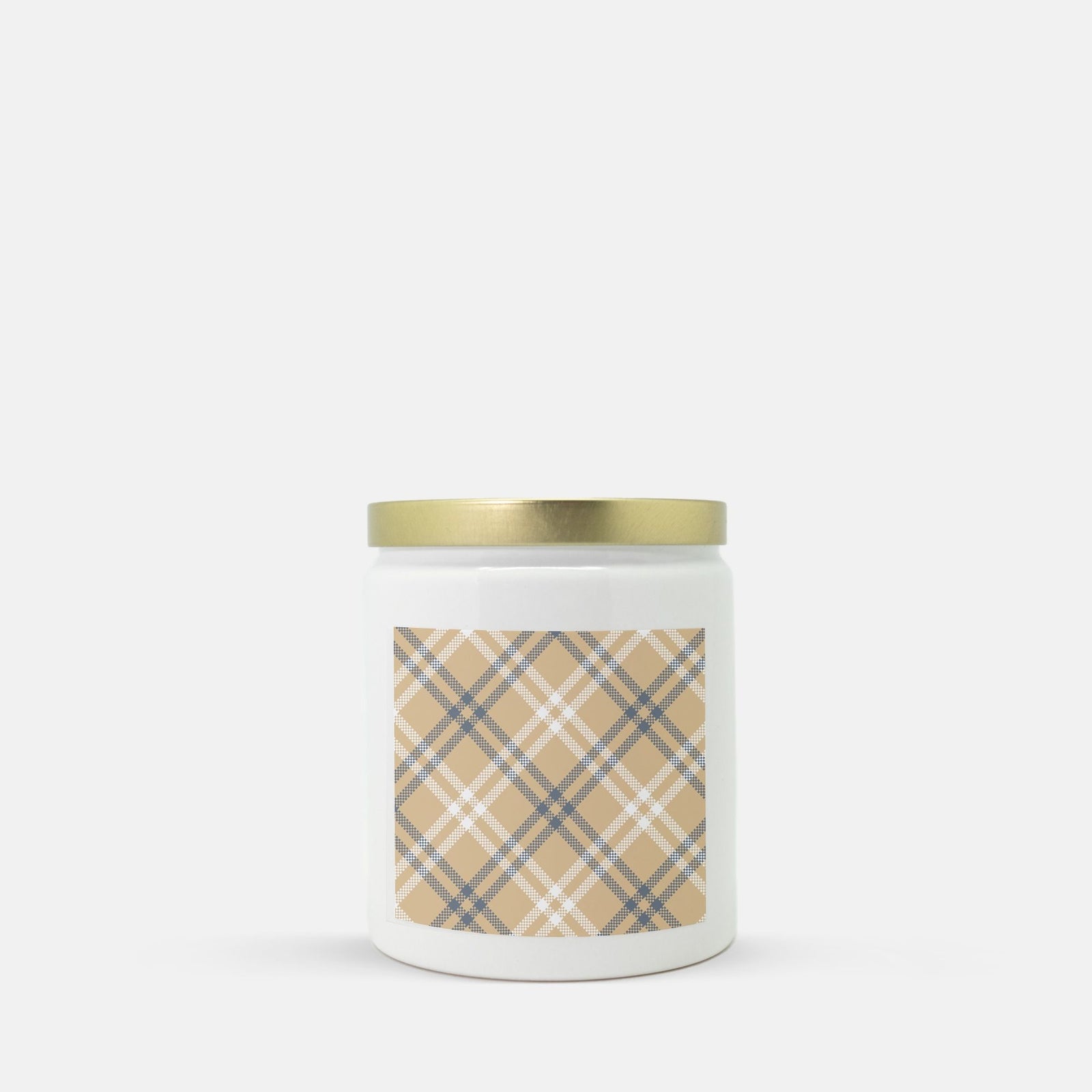 Lifestyle Details - Blue & White Diagonal Plaid Ceramic Candle w Gold Lid - Macintosh