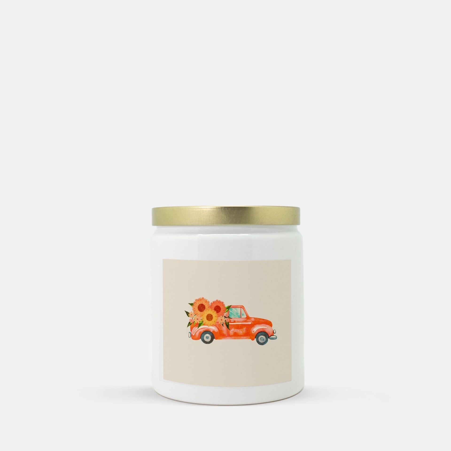 Lifestyle Details - Bright Orange Rustic Truck Ceramic Candle - Gold Lid - Vanilla Bean