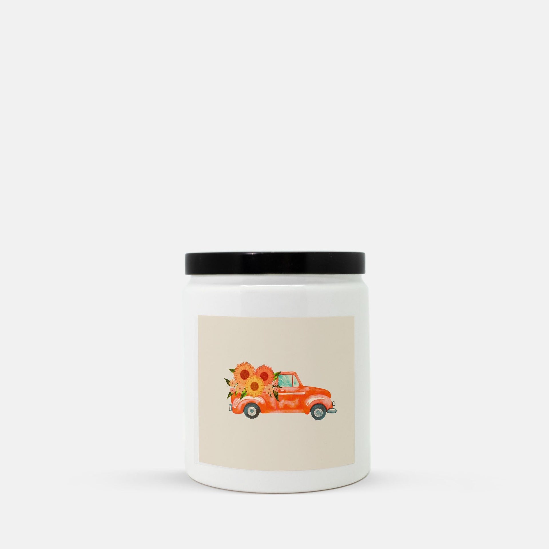 Lifestyle Details - Bright Orange Rustic Truck Ceramic Candle w Black Lid - Macintosh