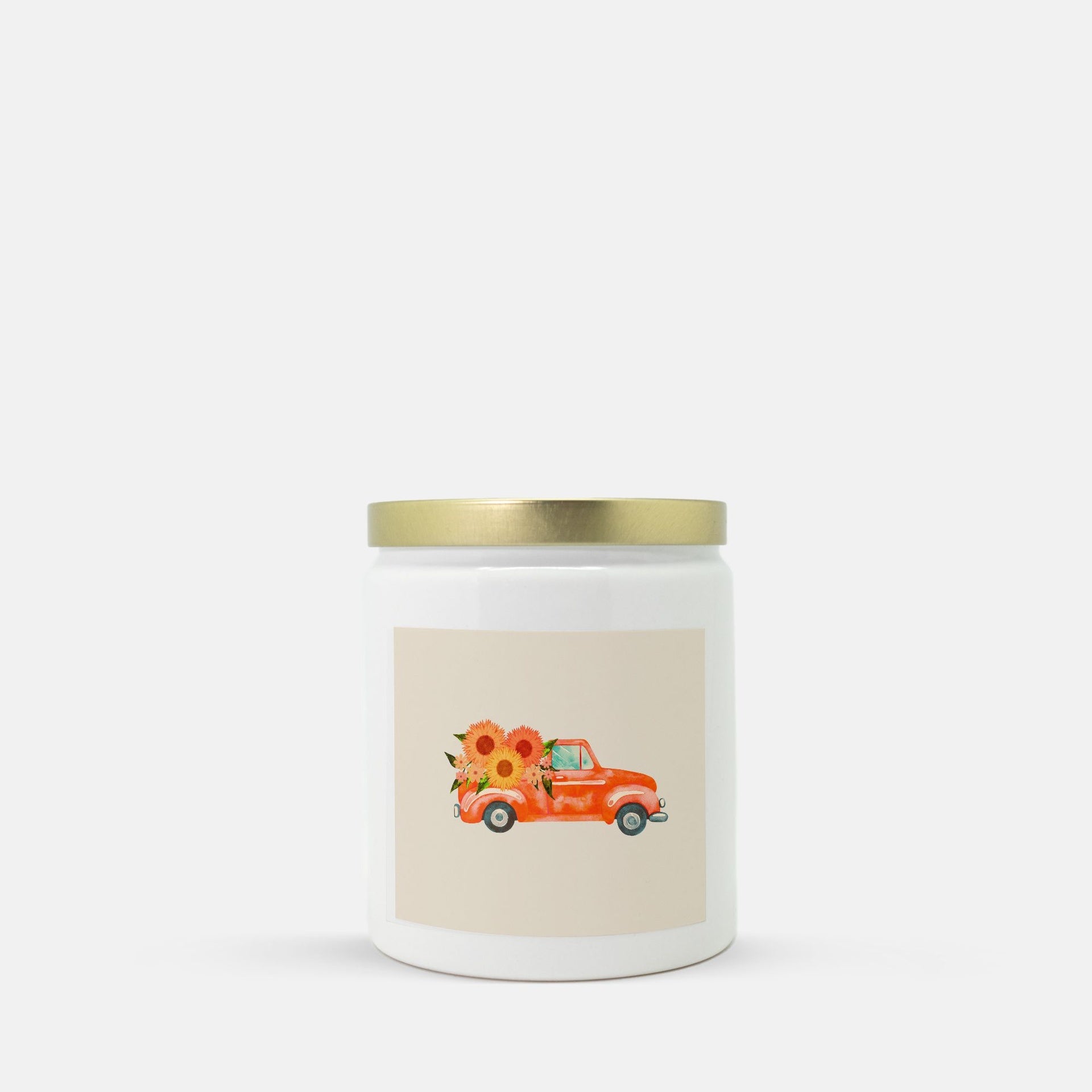 Lifestyle Details - Bright Orange Rustic Truck Ceramic Candle w Gold Lid - Macintosh