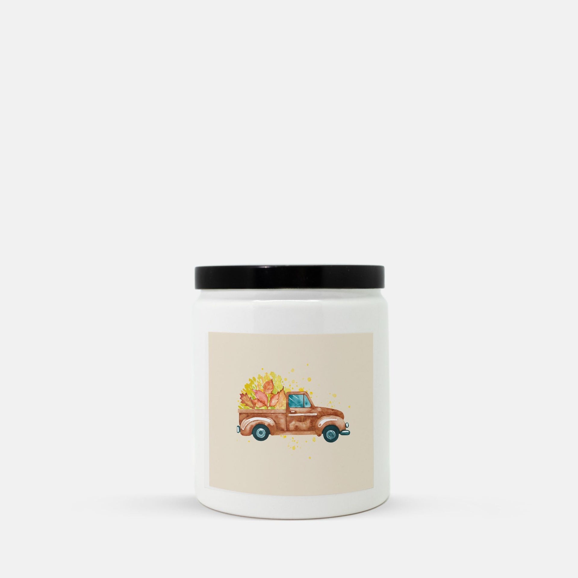 Lifestyle Details - Brown Rustic Truck & Leaves Ceramic Candle w Black Lid - Vanilla Bean