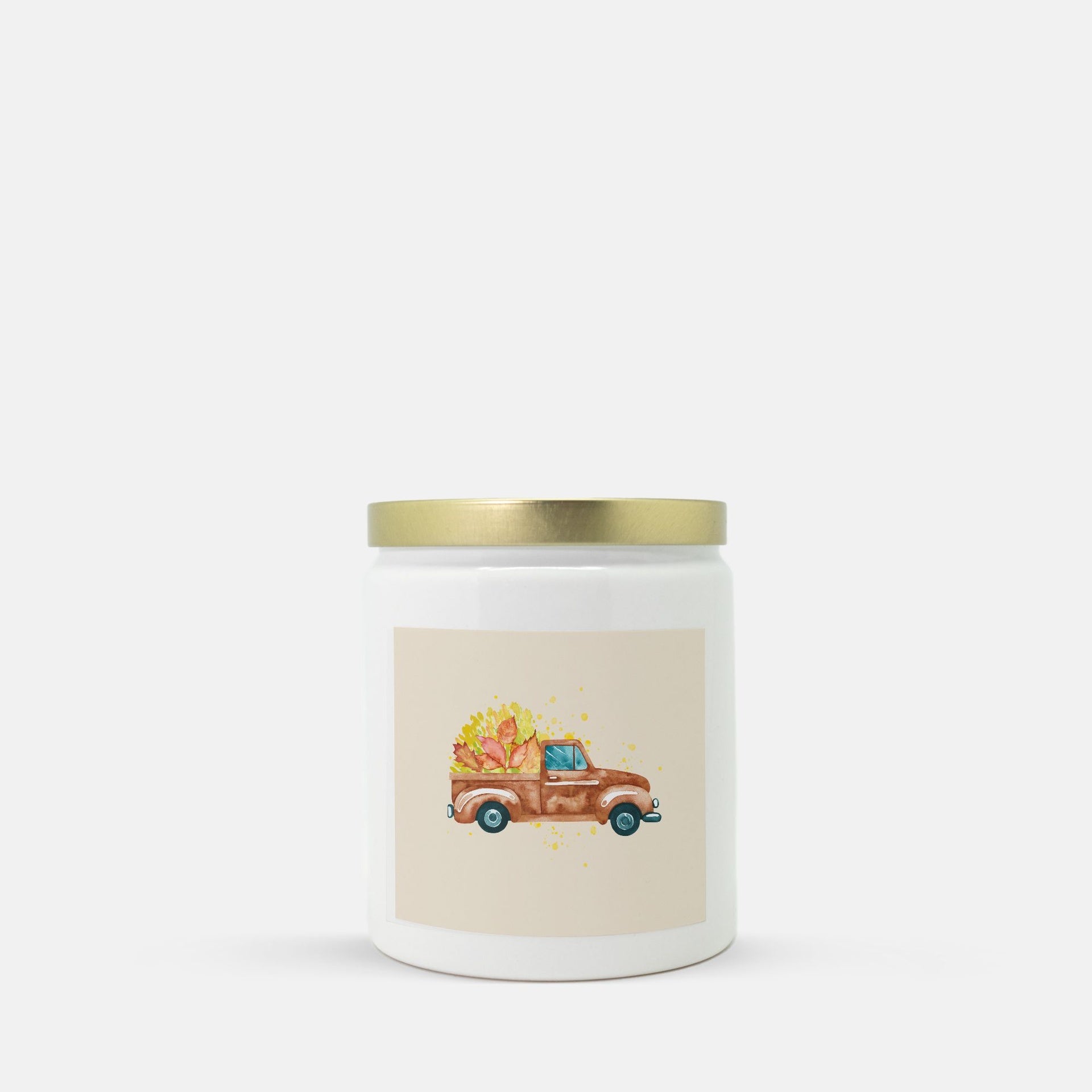 Lifestyle Details - Brown Rustic Truck & Leaves Ceramic Candle w Gold Lid - Macintosh