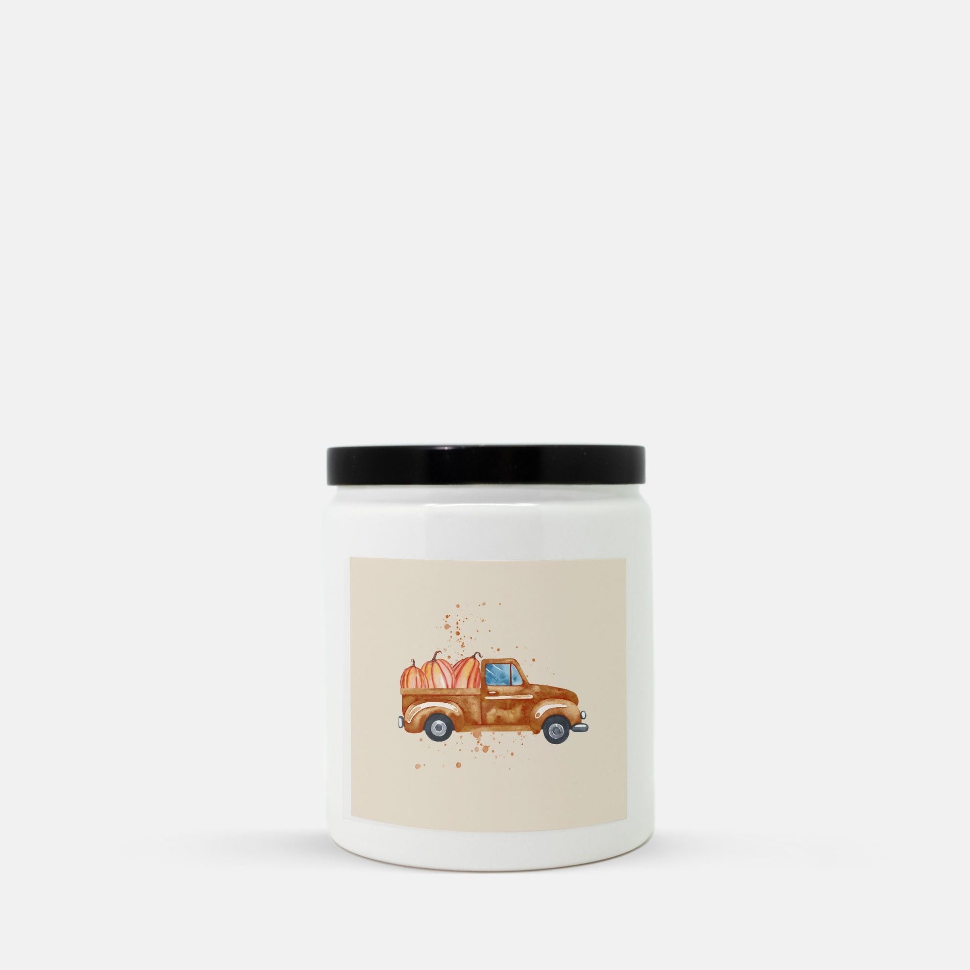 Lifestyle Details - Brown Rustic Truck & Pumpkins Ceramic Candle w Black Lid - Macintosh