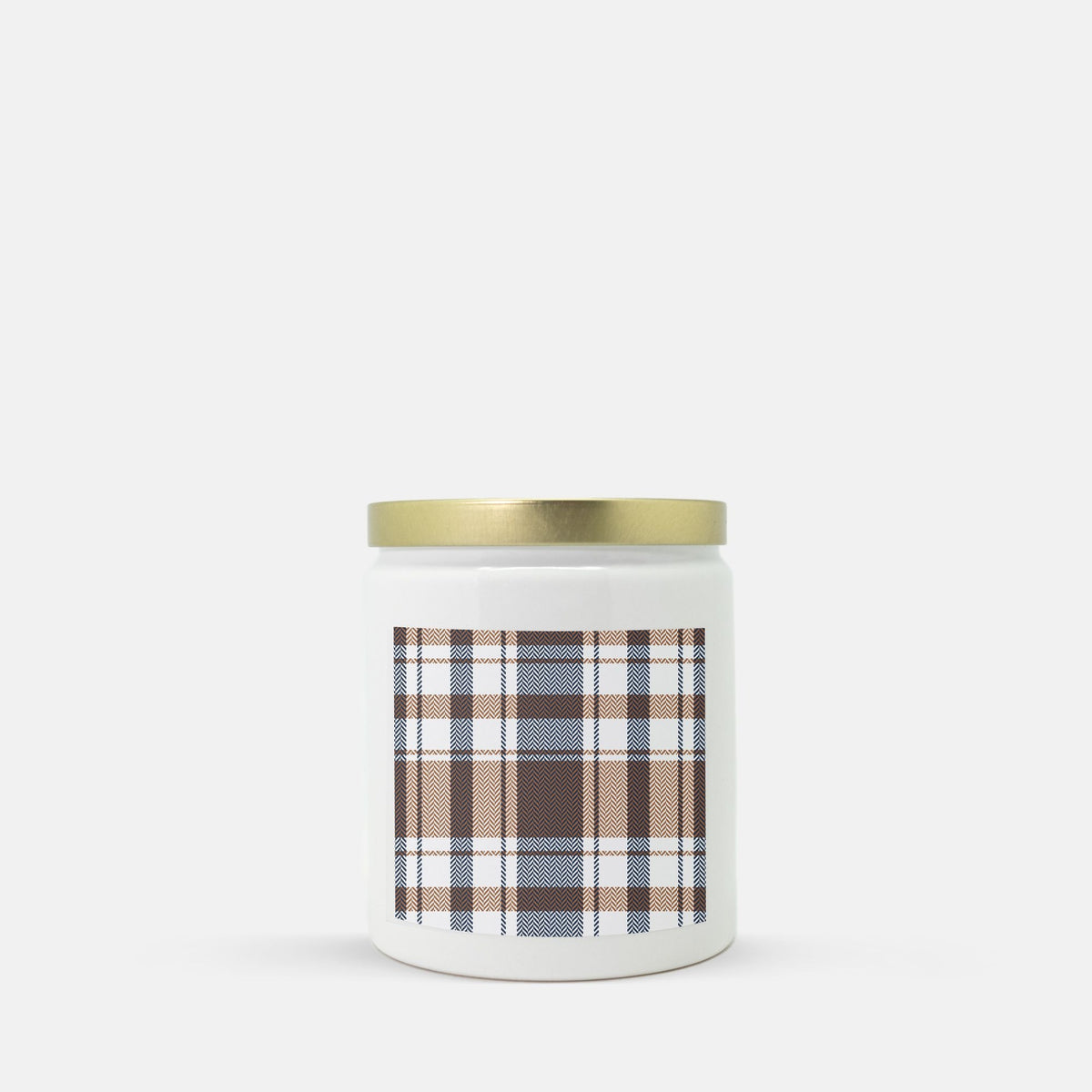Lifestyle Details - Brown & Black Plaid Ceramic Candle w Gold Lid - Vanilla Bean