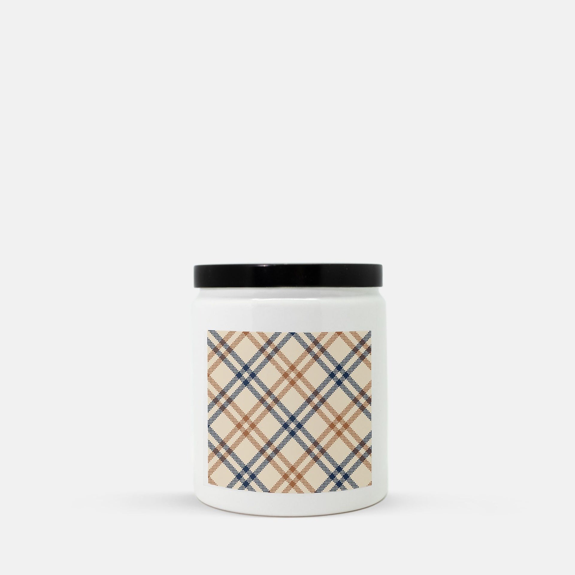 Lifestyle Details - Brown & Blue Diagonal Plaid Ceramic Candle w Black Lid - Macintosh
