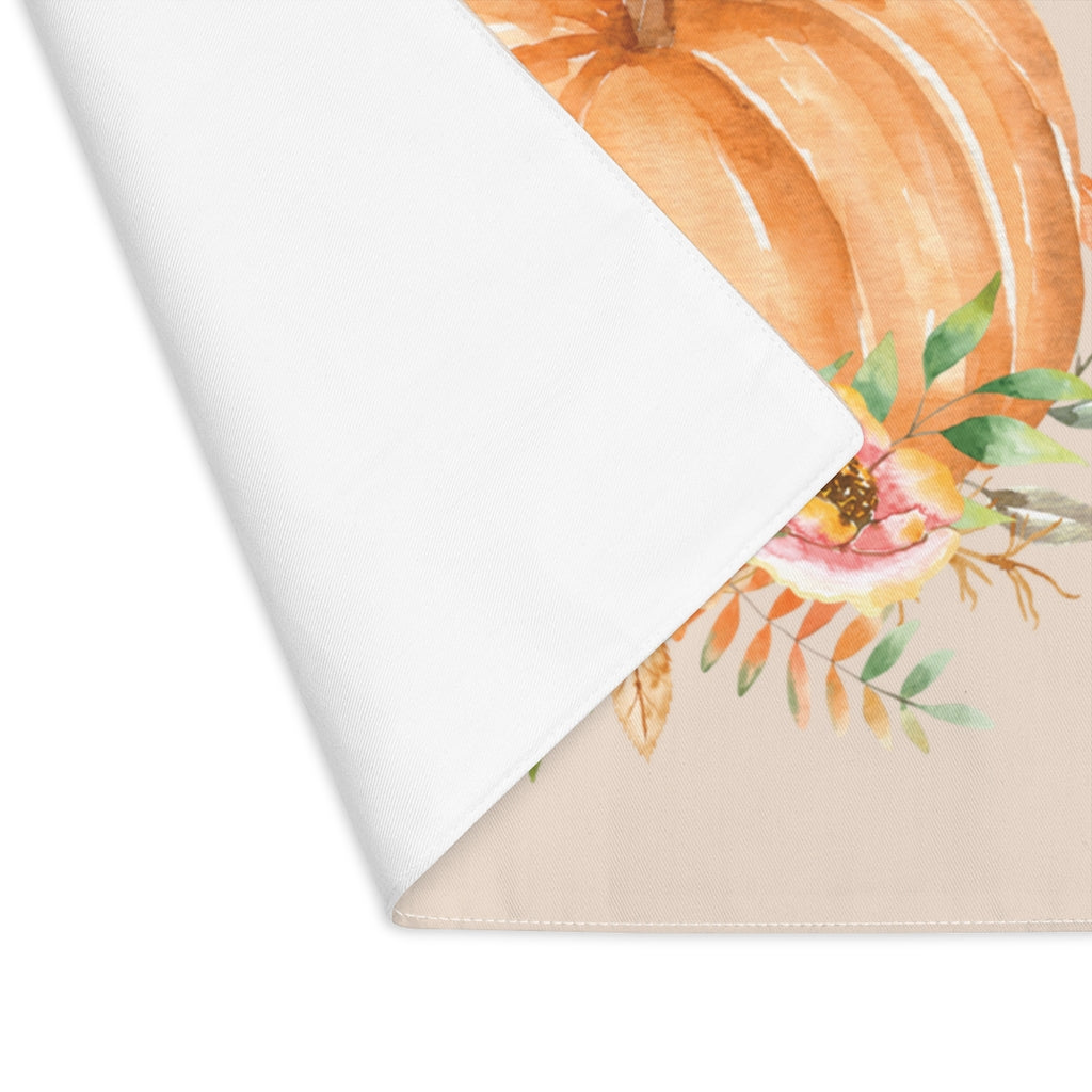 Lifestyle Details - Champagne Table Placemat - Orange Pumpkins Watercolor Arrangement - Front View