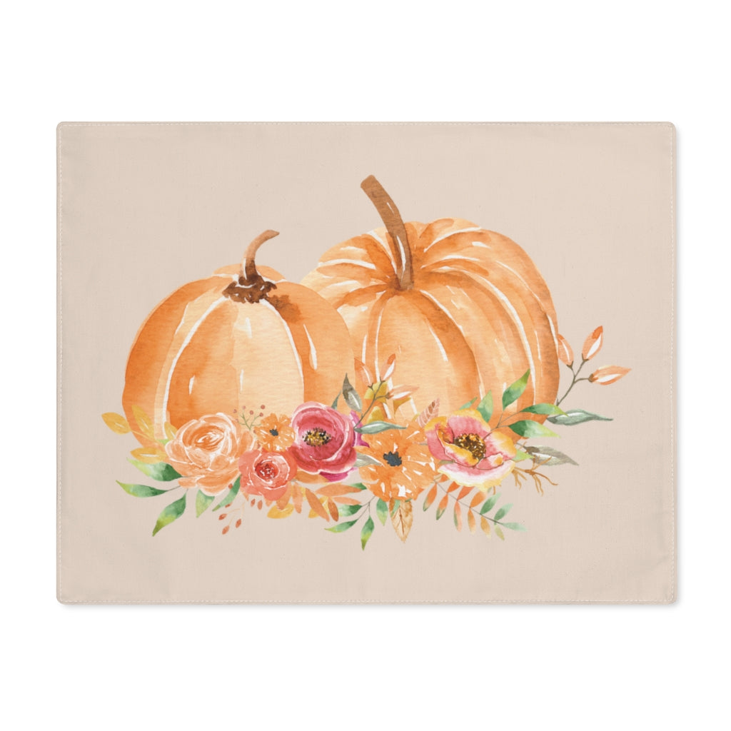 Lifestyle Details - Champagne Table Placemat - Orange Pumpkins Watercolor Arrangement - Front View