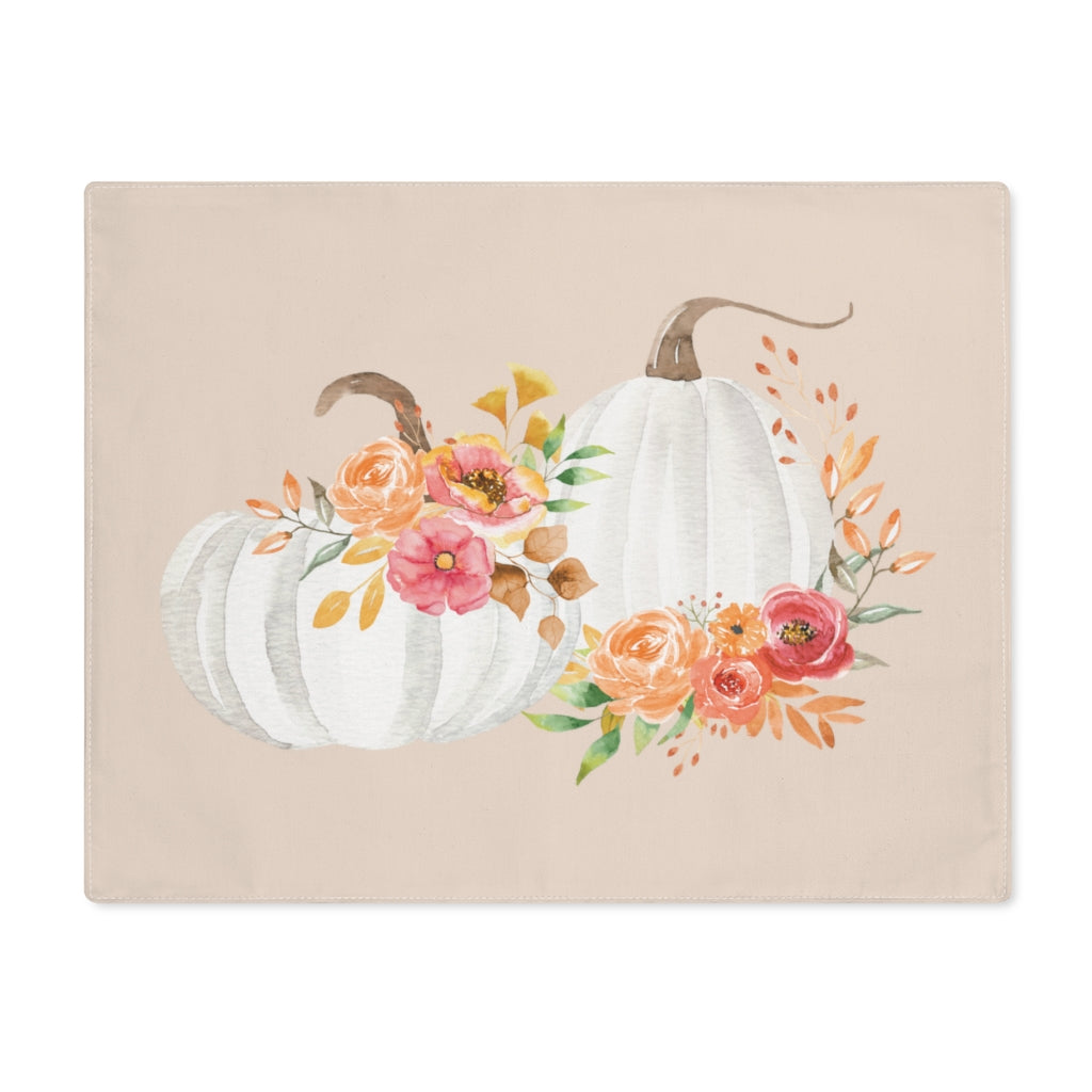 Lifestyle Details - Champagne Table Placemat - White Pumpkins Watercolor Arrangement - Front View
