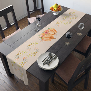 Lifestyle Details - Champagne Table Runner - Orange Pumpkins Watercolor Arrangement & Leaves - In Use