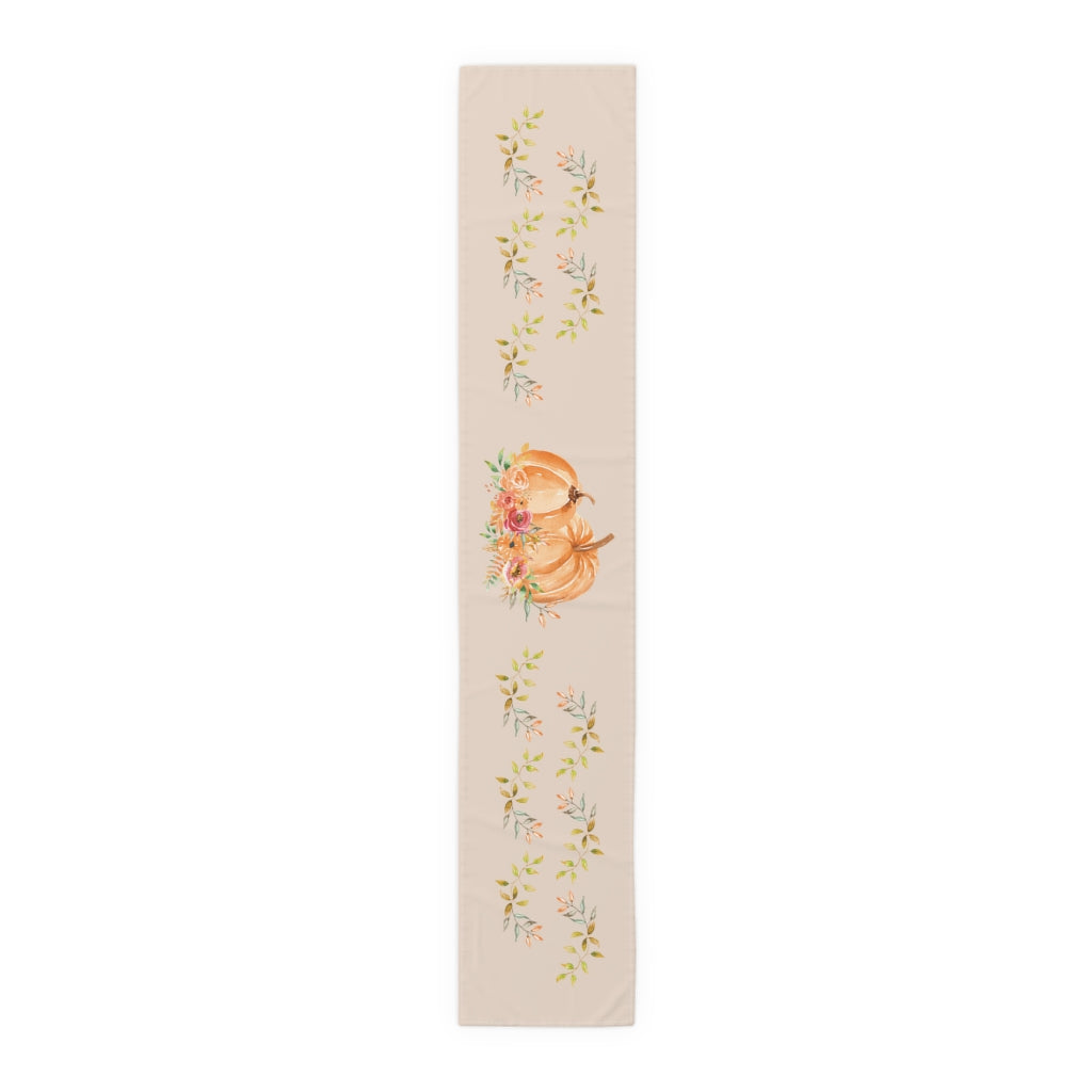 Lifestyle Details - Champagne Table Runner - Orange Pumpkins Watercolor Arrangement & Leaves - Small - Front View