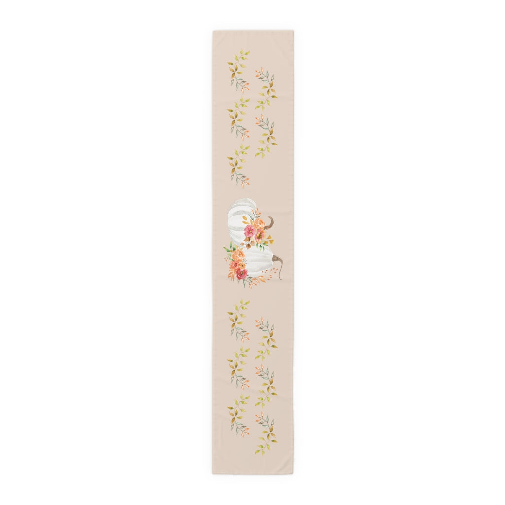 Lifestyle Details - Champagne Table Runner - White Pumpkins Watercolor Arrangement with Leaves - Large - Front View