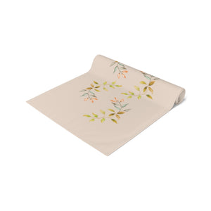 Lifestyle Details - Champagne Table Runner - White Pumpkins Watercolor Arrangement with Leaves - Rolled Up