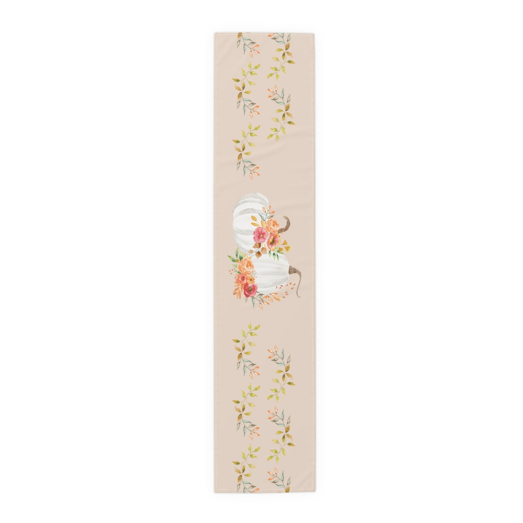 Lifestyle Details - Champagne Table Runner - White Pumpkins Watercolor Arrangement with Leaves - Large - Front View