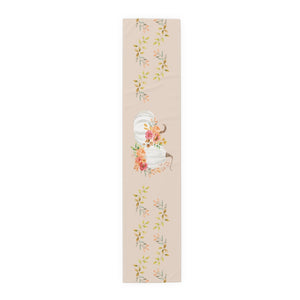 Lifestyle Details - Champagne Table Runner - White Pumpkins Watercolor Arrangement with Leaves - Small - Front View