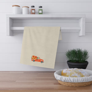 Lifestyle Details - Ecru Kitchen Towel - Bright Orange Rustic Autumn Truck & Sunflowers - In Use