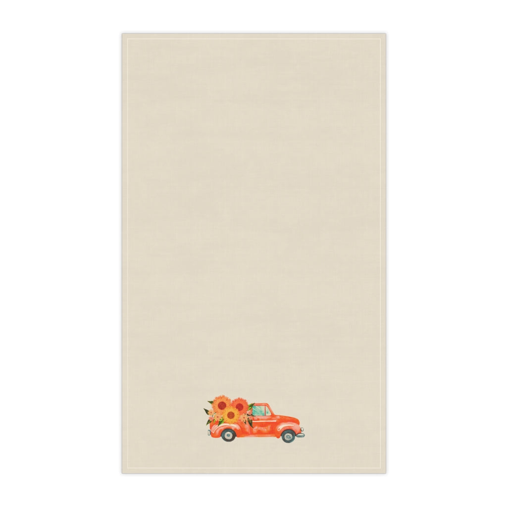 Lifestyle Details - Ecru Kitchen Towel - Bright Orange Rustic Autumn Truck & Sunflowers - Vertical