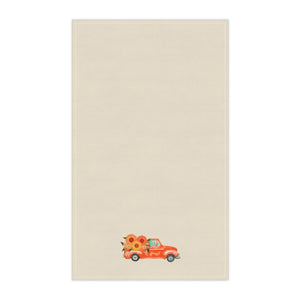 Lifestyle Details - Ecru Kitchen Towel - Bright Orange Rustic Autumn Truck & Sunflowers - Vertical