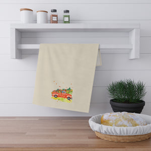 Lifestyle Details - Ecru Kitchen Towel - Bright Orange Rustic Autumn Truck with Leaves - In Use