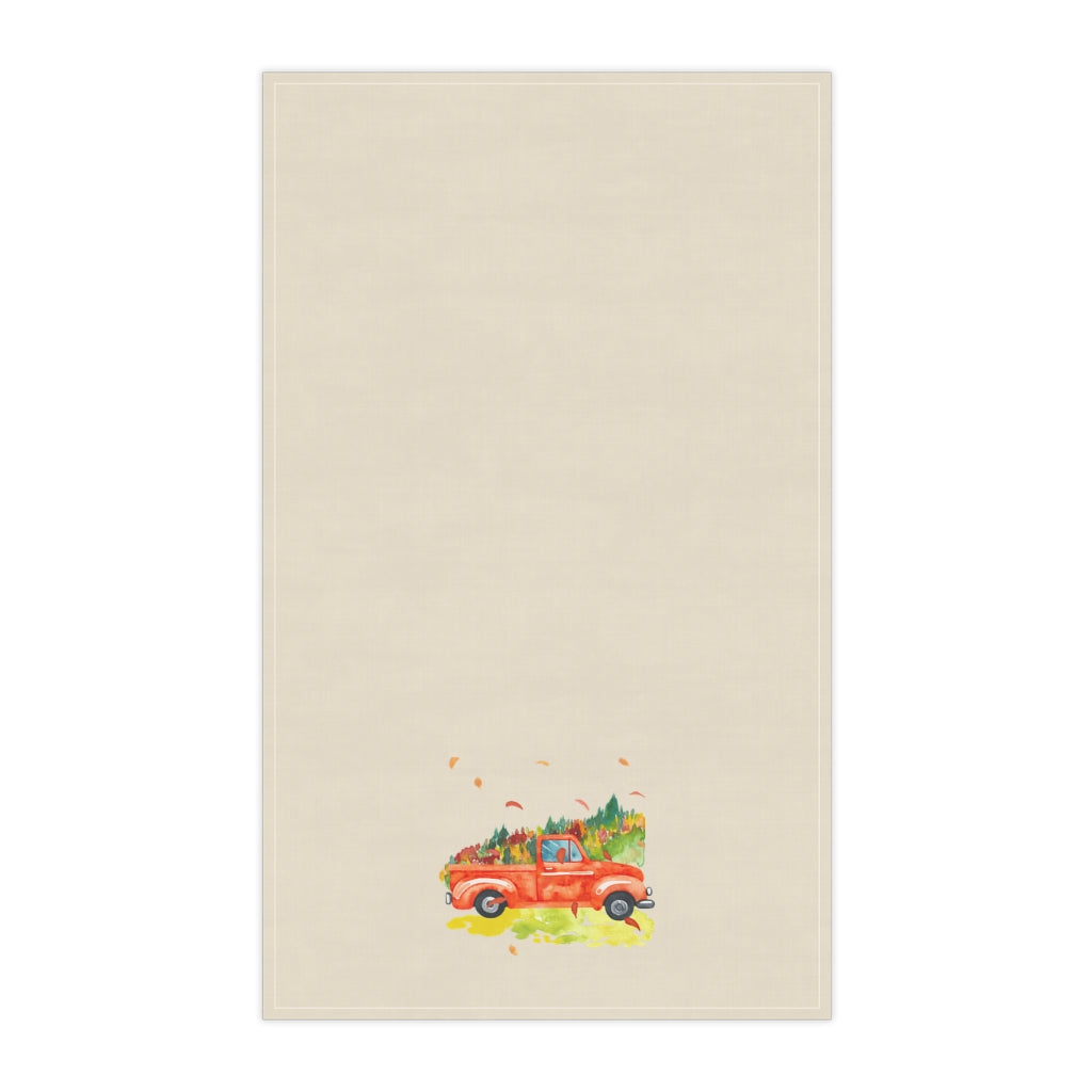 Lifestyle Details - Ecru Kitchen Towel - Bright Orange Rustic Autumn Truck with Leaves - Vertical