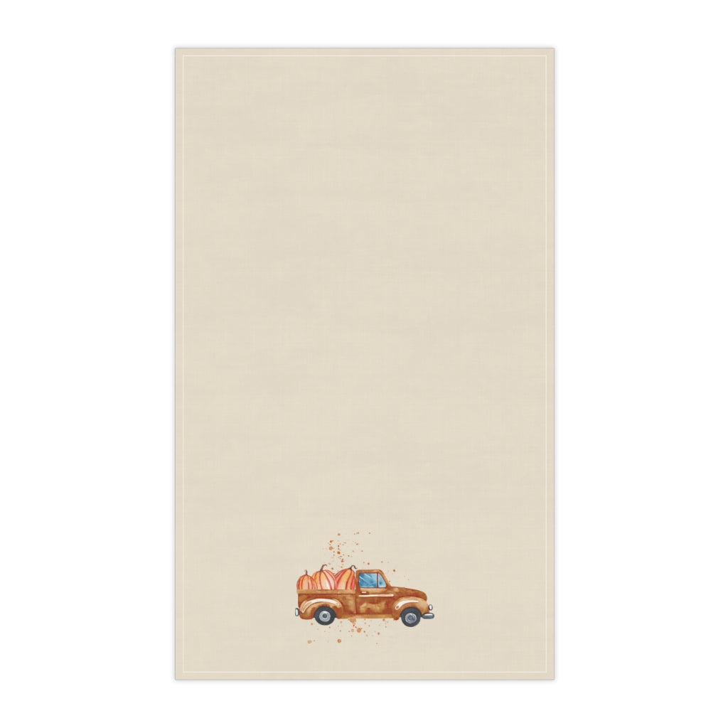 Lifestyle Details - Ecru Kitchen Towel - Brown Rustic Autumn Truck with Pumpkins - Front View