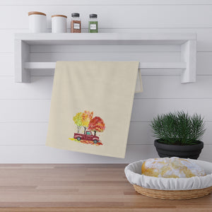 Lifestyle Details - Ecru Kitchen Towel - Red Rustic Autumn Truck with Trees - In Use