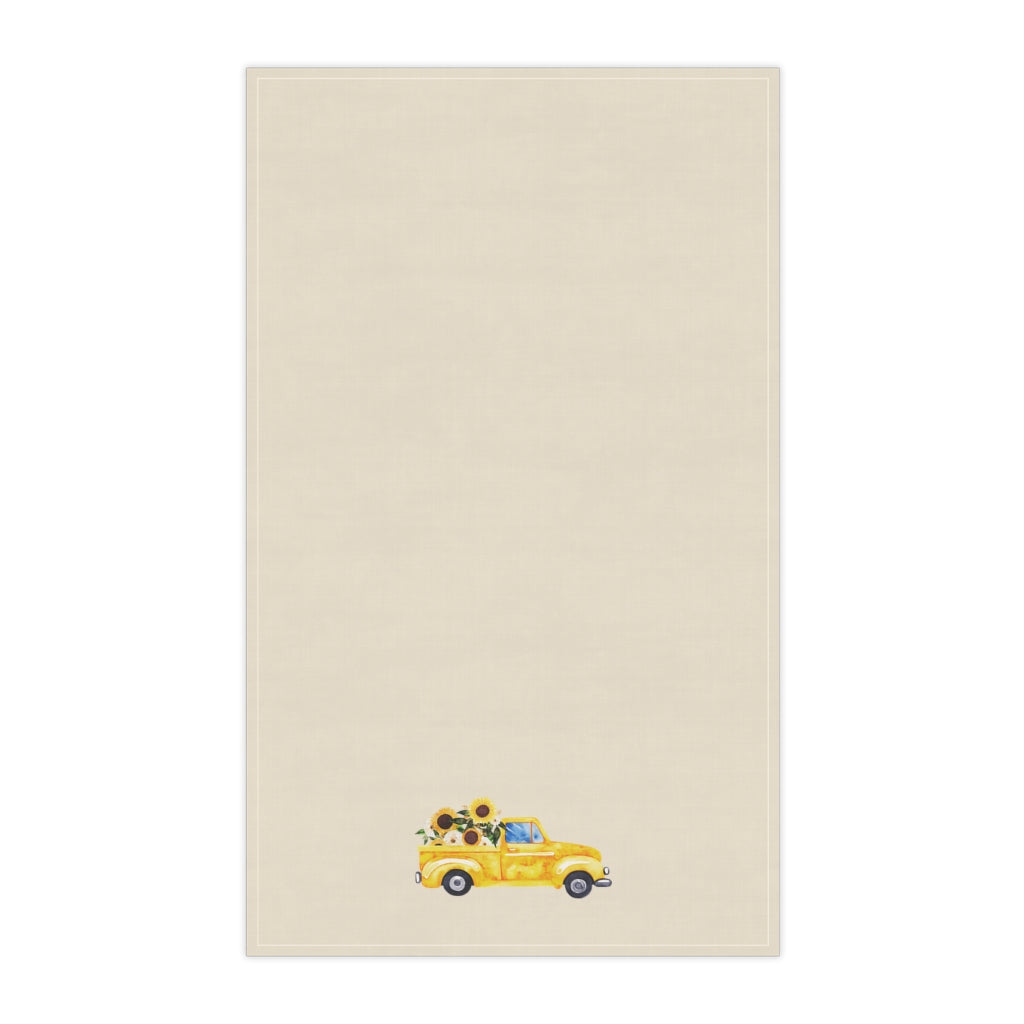Lifestyle Details - Ecru Kitchen Towel - Yellow Rustic Autumn Truck & Sunflowers - Vertical