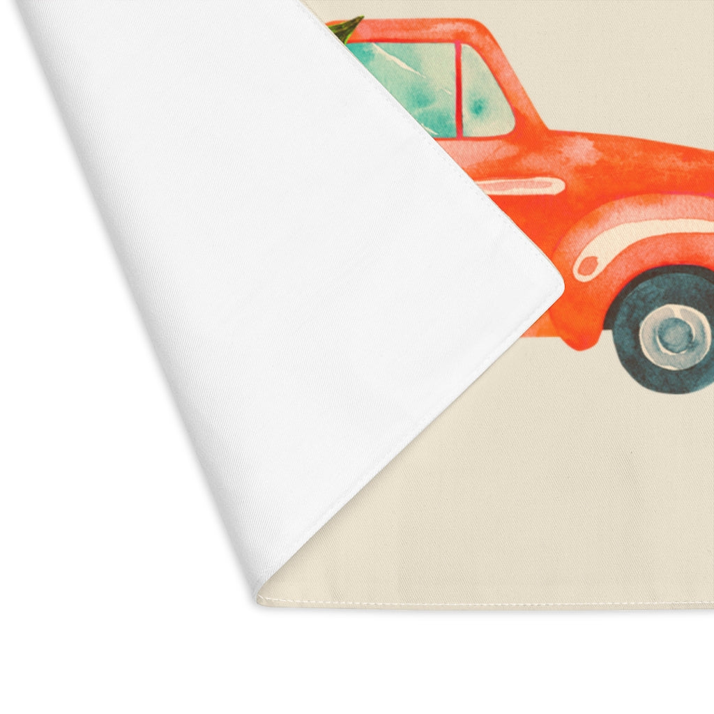 Lifestyle Details - Ecru Table Placemat - Bright Orange Rustic Autumn Truck - Front View