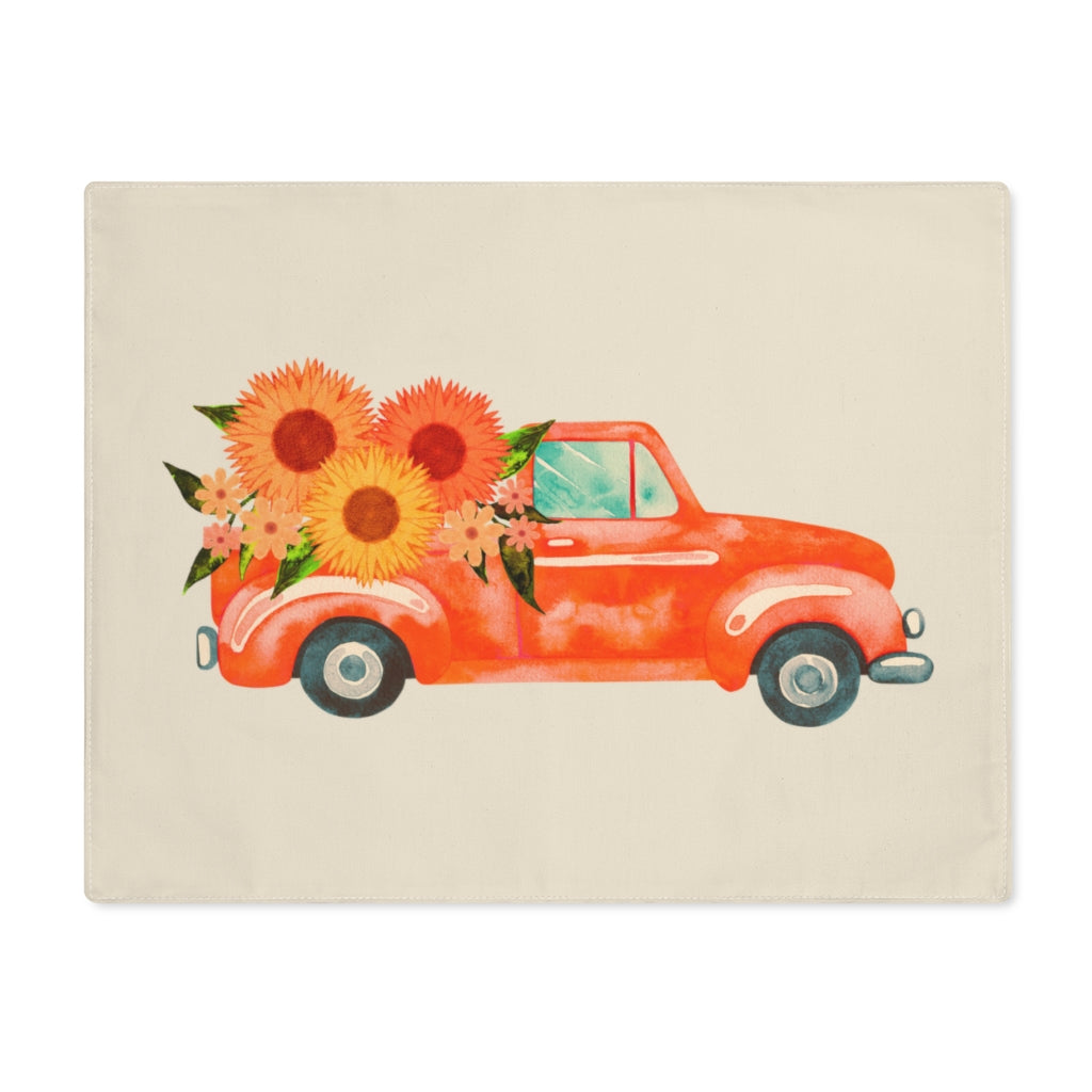 Lifestyle Details - Ecru Table Placemat - Bright Orange Rustic Autumn Truck - Front View