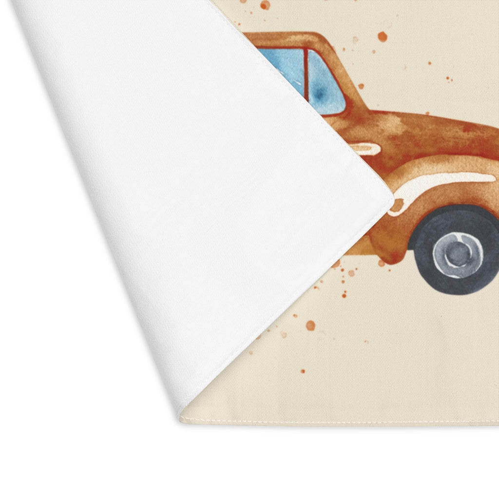 Lifestyle Details - Ecru Table Placemat - Brown Rustic Autumn Truck & Pumpkins - Front View