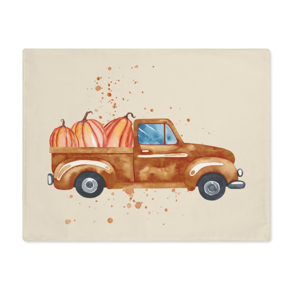 Lifestyle Details - Ecru Table Placemat - Brown Rustic Autumn Truck & Pumpkins - Front View
