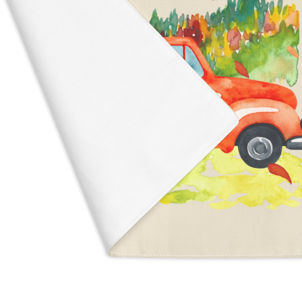 Lifestyle Details - Ecru Table Placemat - Orange Rustic Autumn Truck & Leaves - Flipped