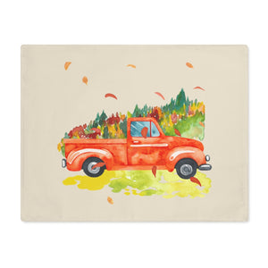 Lifestyle Details - Ecru Table Placemat - Orange Rustic Autumn Truck & Leaves - Front View