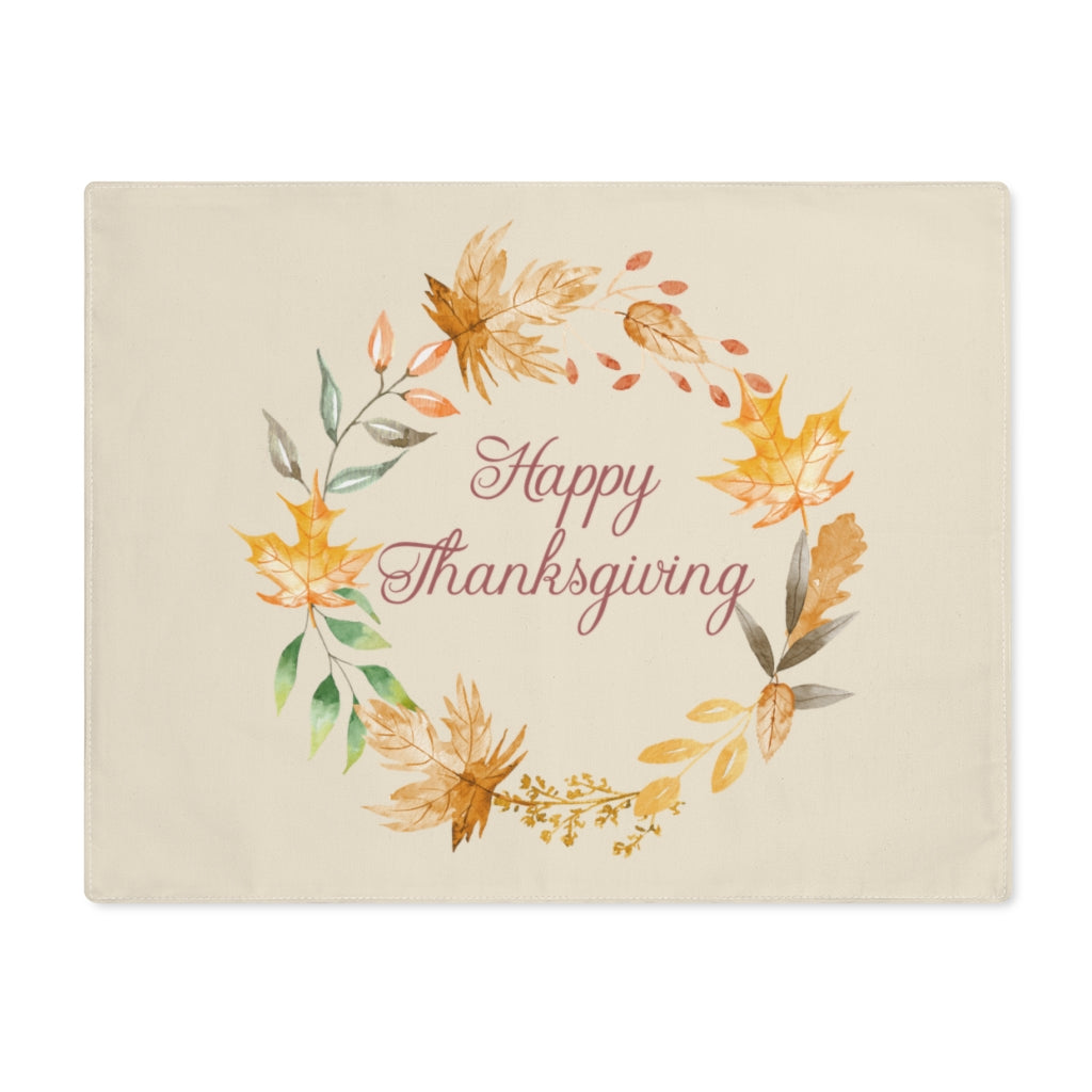 Lifestyle Details - Ecru Table Placemat - Watercolor Wreath - Happy Thanksgiving - Front View