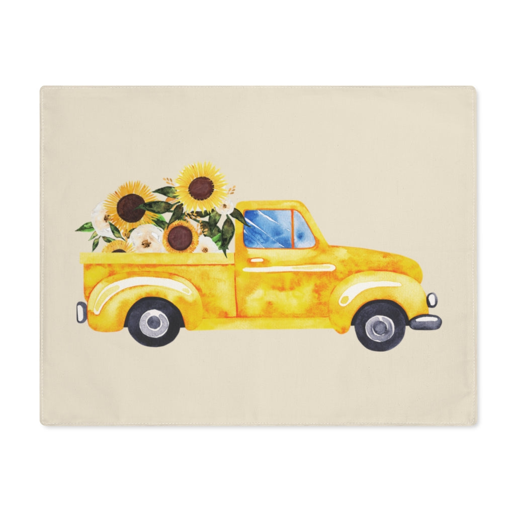 Lifestyle Details - Ecru Table Placemat - Yellow Rustic Autumn Truck - Front View