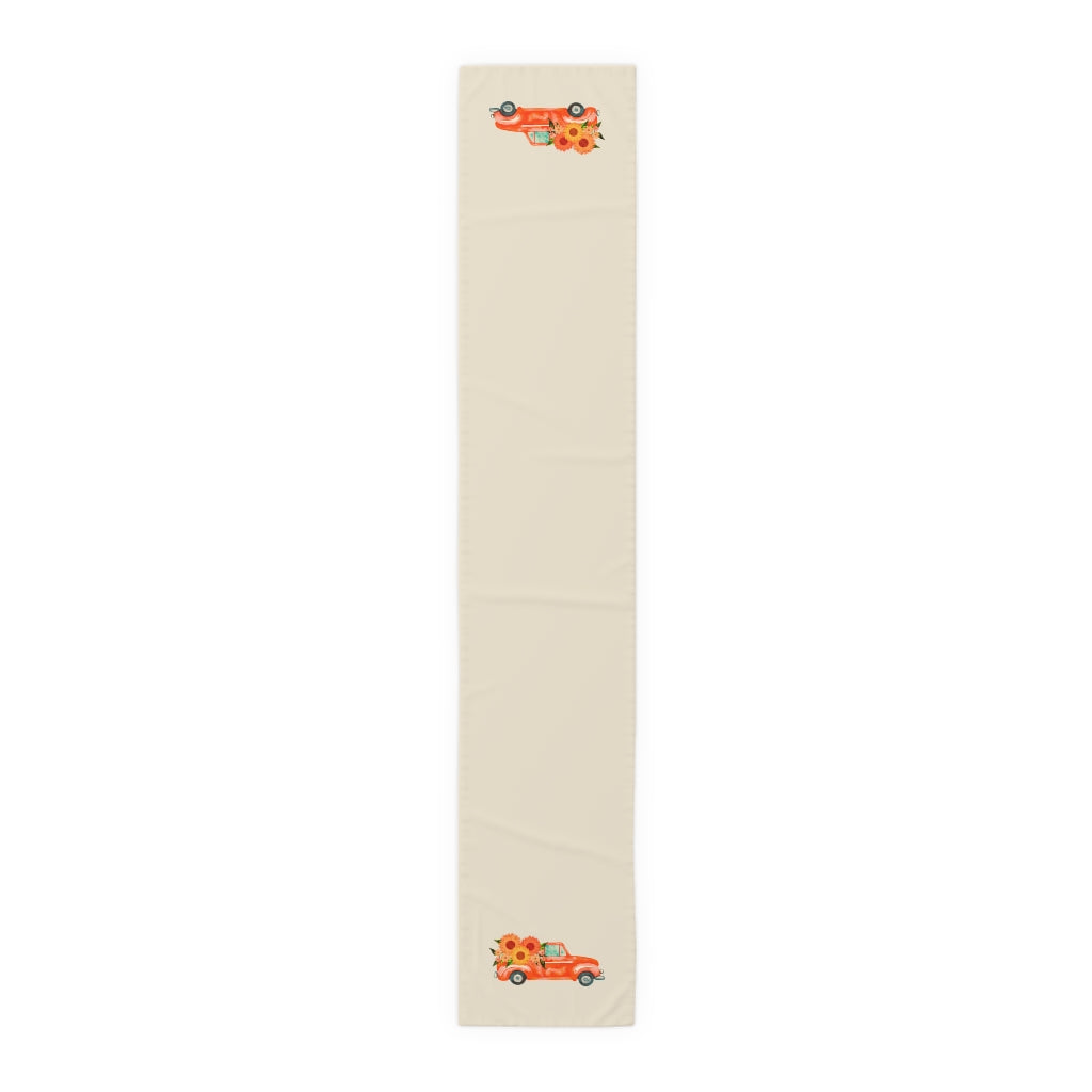 Lifestyle Details - Ecru Table Runner - Bright Orange Rustic Truck with Sunflowers - Large - Front View