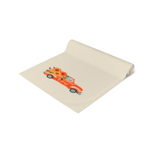 Lifestyle Details - Ecru Table Runner - Bright Orange Rustic Truck with Sunflowers - Rolled Up