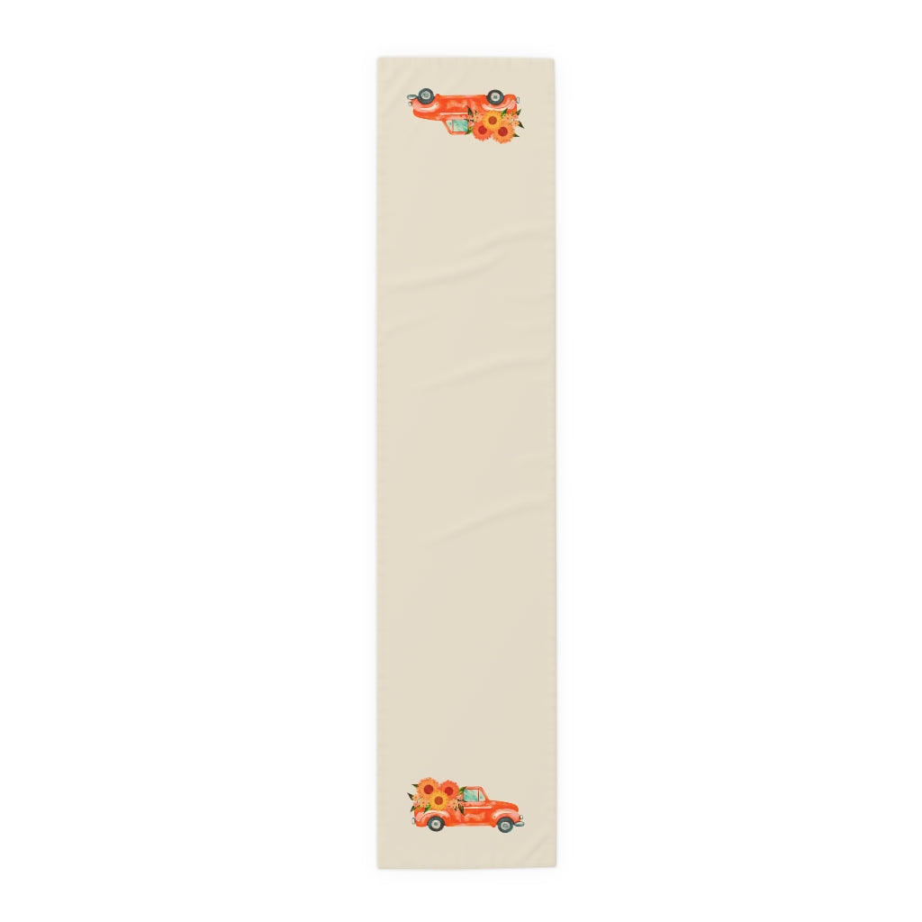 Lifestyle Details - Ecru Table Runner - Bright Orange Rustic Truck with Sunflowers - Small - Front View